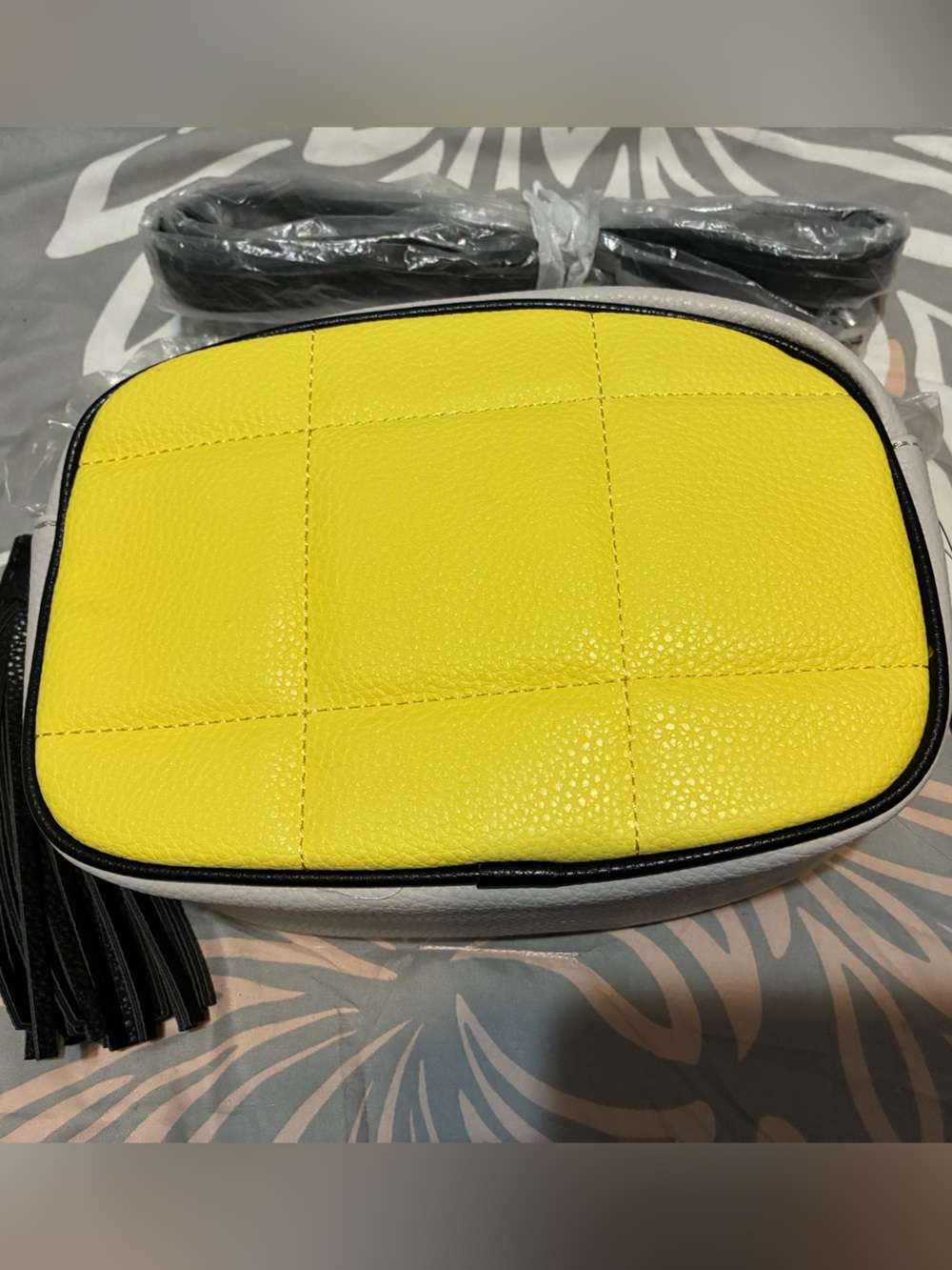 Tahari Yellow and Black Crossbody Bag with Tassel Accent